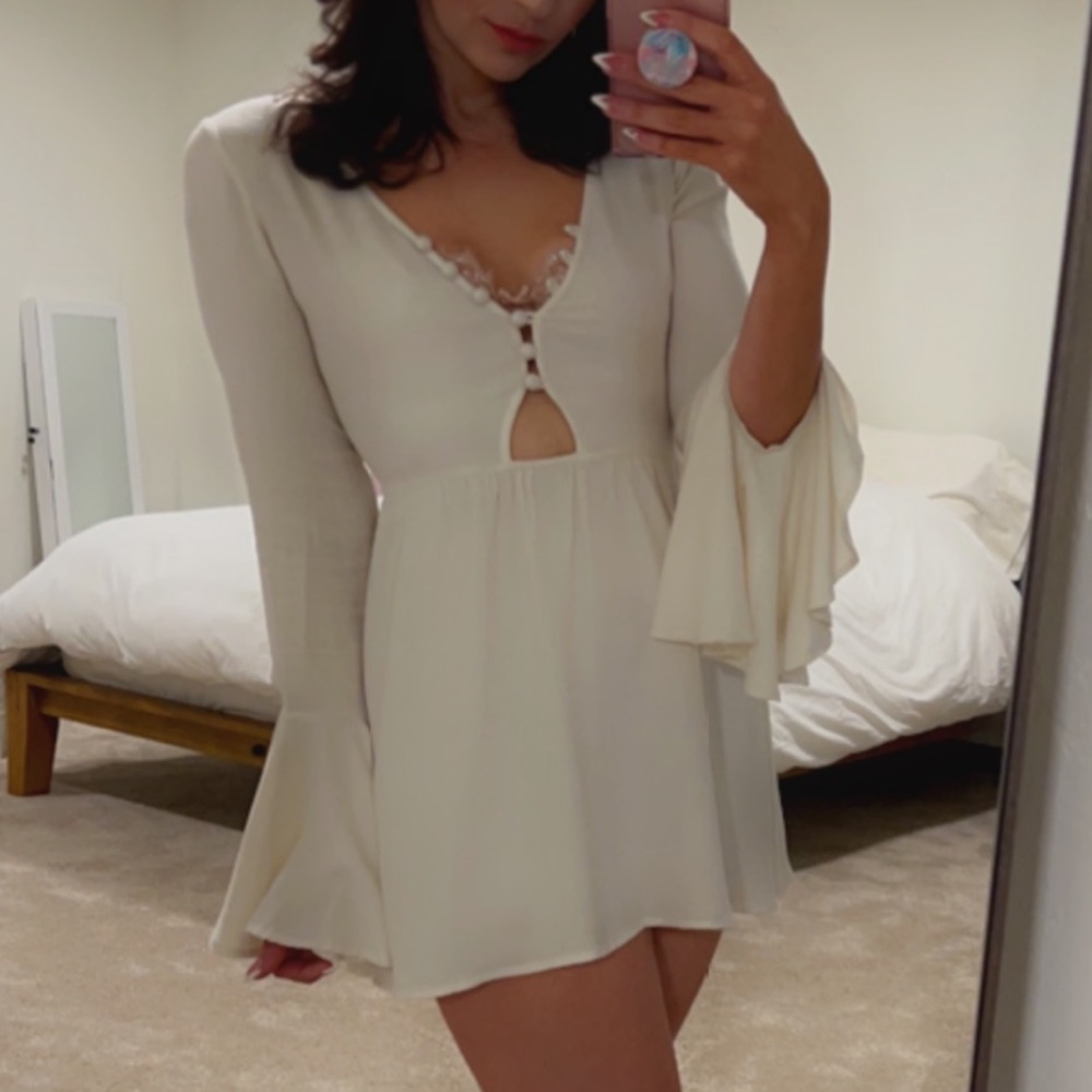 For Love And Lemons White Long Trumpet Sleeves Button Cut-Out Bust Flared Dress